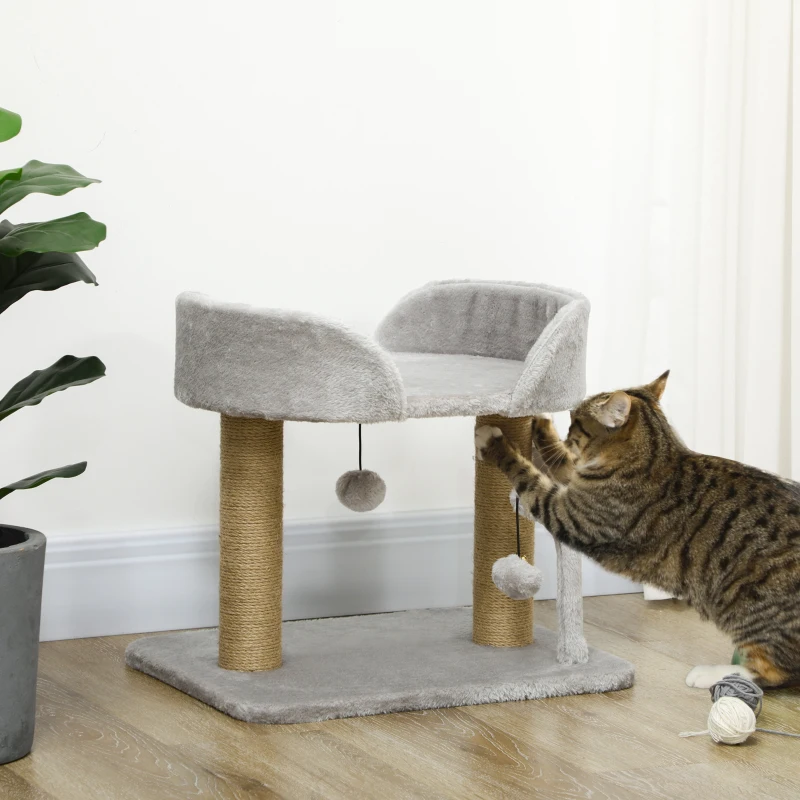 PawHut Arranhador para Gatos Pequenos Altura 42 cm Arranhador para Gatos com Cama Bolas Supensas e Postes de Juta 48x38x42 cm Cinza