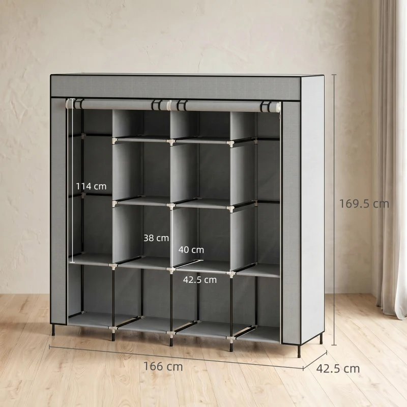 HOMCOM Fabric Wardrobe for Bedroom, Portable Cloth Wardrobe with 10 Compartments, 2 Hanging Rails and 4 Fabric Drawers, 166 x 42.5 x 169.5cm, Dark Grey