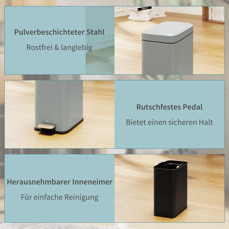 HOMCOM Metalen prullenbak, afvalbak, inhoud van 5 liter, met voetpedaal, met binnenemmer, grijs