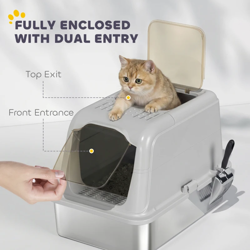 PawHut Extra Large Stainless Steel Litter Box, Enclosed Cat Litter Tray with Scoop, Deodorizer Bag, Front-Entry and Top-Exit