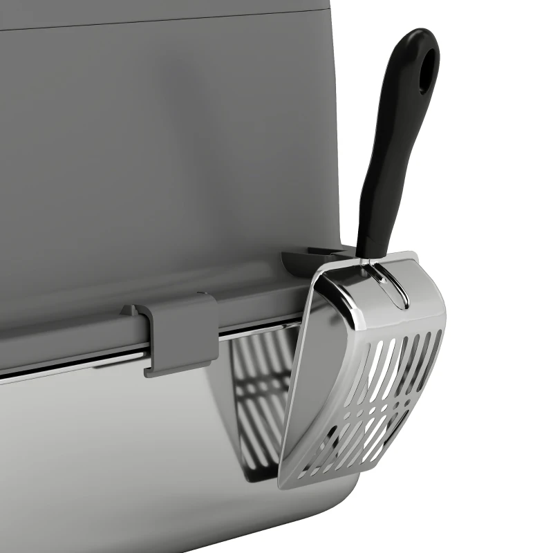 PawHut Large Stainless Steel Litter Box, Enclosed Metal Cat Litter Tray with Scoop, Deodoriser Bag, Front-Entry and Top-Exit