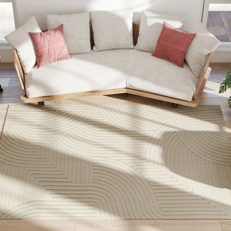 HOMCOM Tappeto Moderno Antiscivolo in Poliestere e Cotone con Design di Linee, per Soggiorno, Camera da Letto, Crema