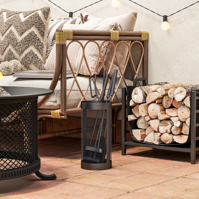 Outsunny 5-delig Openhaardgereedschap, Bezem, Schep, Tang, Pook en Mand, Brandbestendig Metaal, Zwart