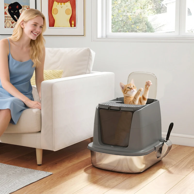 PawHut Large Stainless Steel Litter Box, Enclosed Metal Cat Litter Tray with Scoop, Deodoriser Bag, Front-Entry and Top-Exit