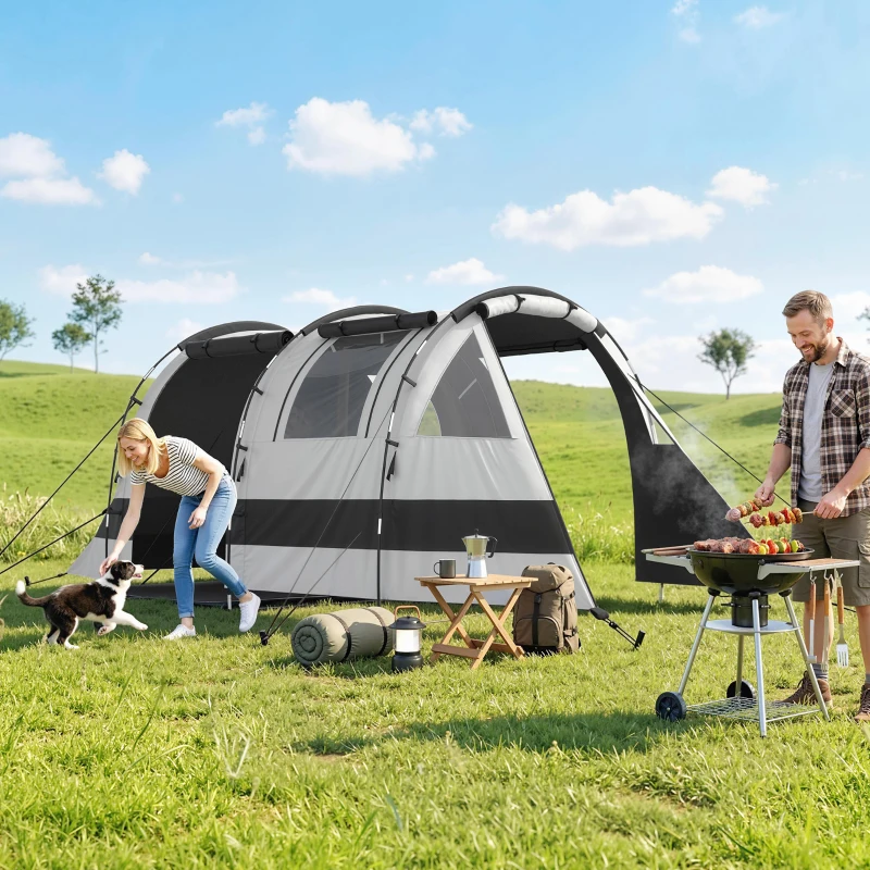 Outsunny Camping Tent, 3 Man Blackout Tent with Bedroom and Living Room, Portable with Bag, for Fishing Hiking Festival, Khaki