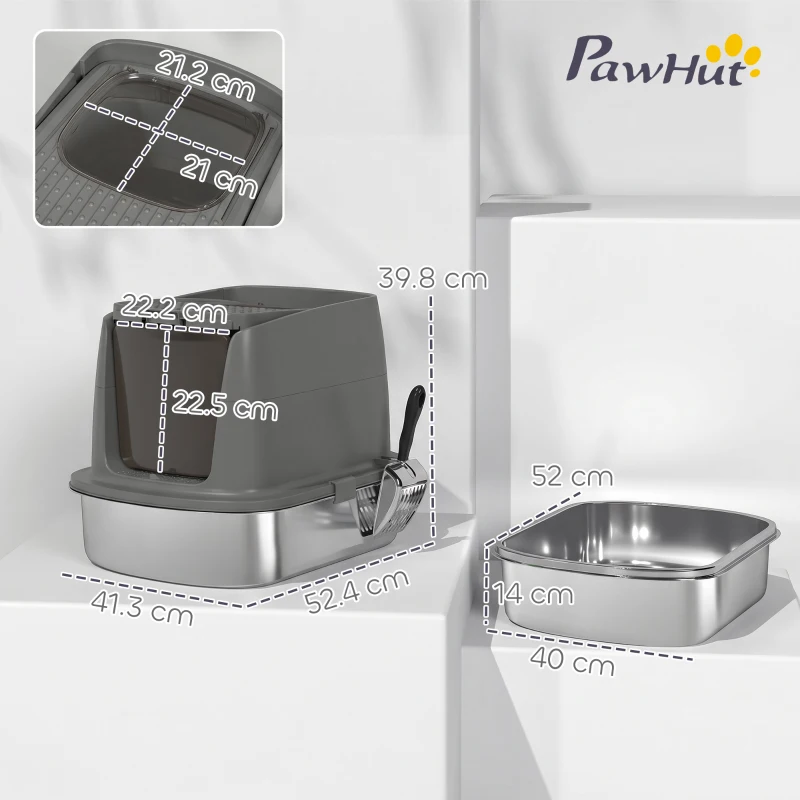 PawHut Large Stainless Steel Litter Box, Enclosed Metal Cat Litter Tray with Scoop, Deodoriser Bag, Front-Entry and Top-Exit