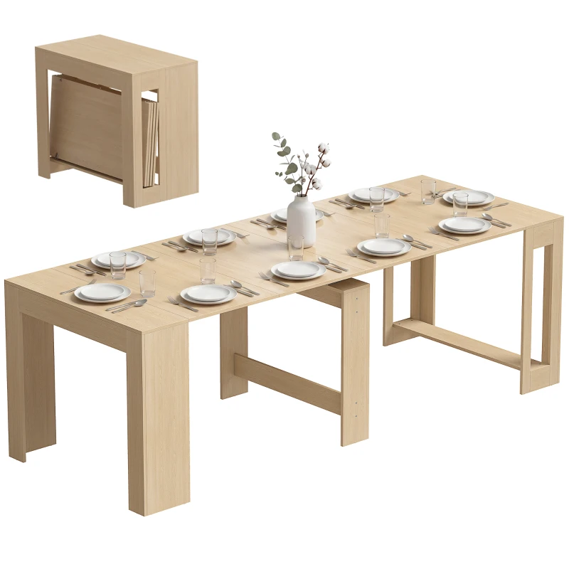 HOMCOM Uitschuifbare eettafel voor kleine ruimtes, om te bouwen tot console, zitplaatsen voor 10 personen, houtlook lichtbruin