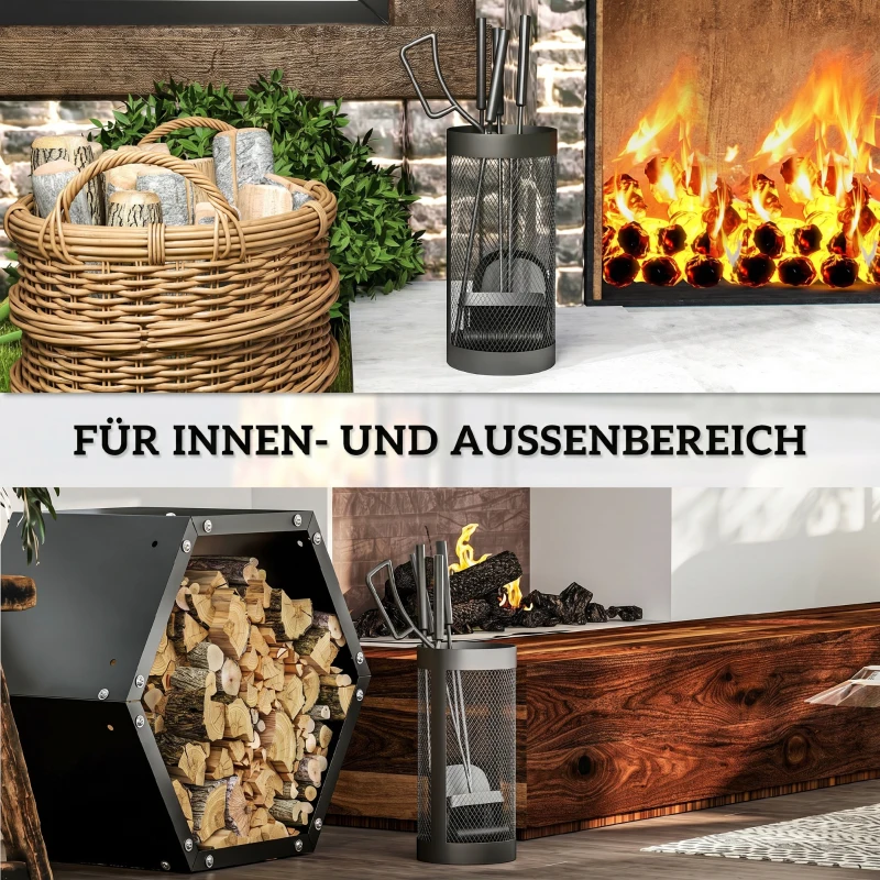Outsunny 5-delig Openhaardgereedschap, Bezem, Schep, Tang, Pook en Mand, Brandbestendig Metaal, Zwart