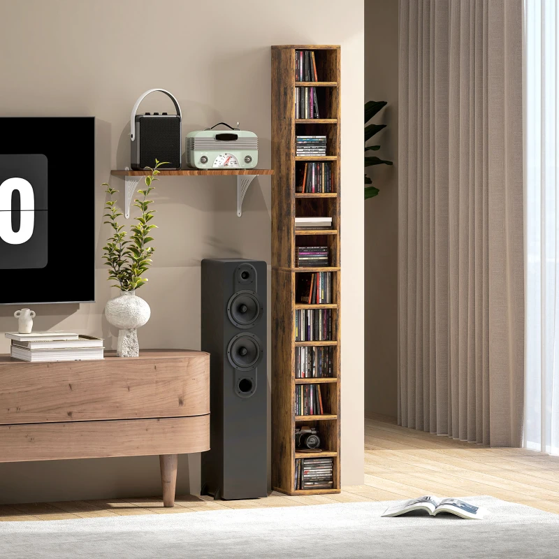 HOMCOM Rangements pour CD et DVD avec 12 compartiments, capacité max. 204 CD, 21 x 20 x 175 cm, brun rustique