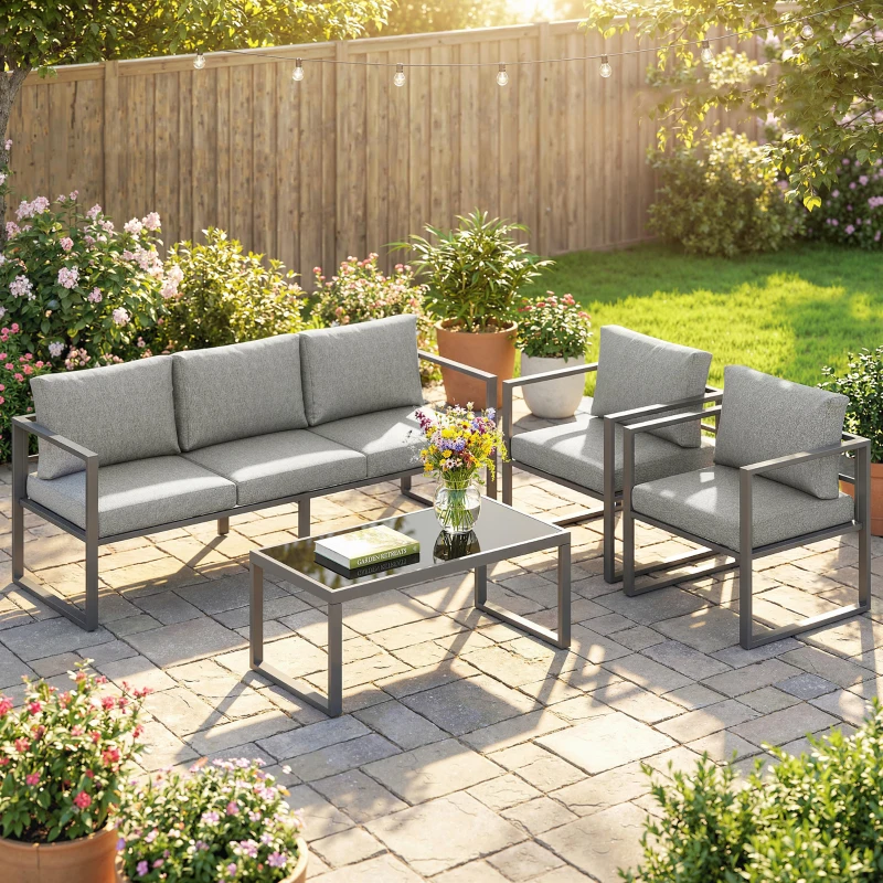 Outsunny 4 Piece Outdoor Garden Furniture Set, Patio Furniture with 3-Seater Sofa, Armchairs and Coffee Table