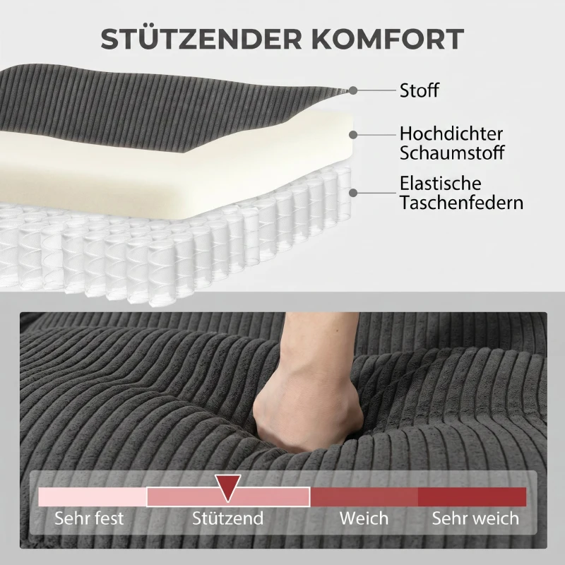 HOMCOM Ecksofa U-Form Sofa Couch mit Federpolsterung gepolsterte Armlehnen beweglicher Ottomane Cord 292x224x85 cm Dunkelgrau