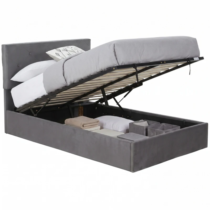 HOMCOM Double Bed Frame Gas End Lift Under Bed Storage Upholstered Platform Bed Tufted Headboard for 140 x 190 cm Mattress