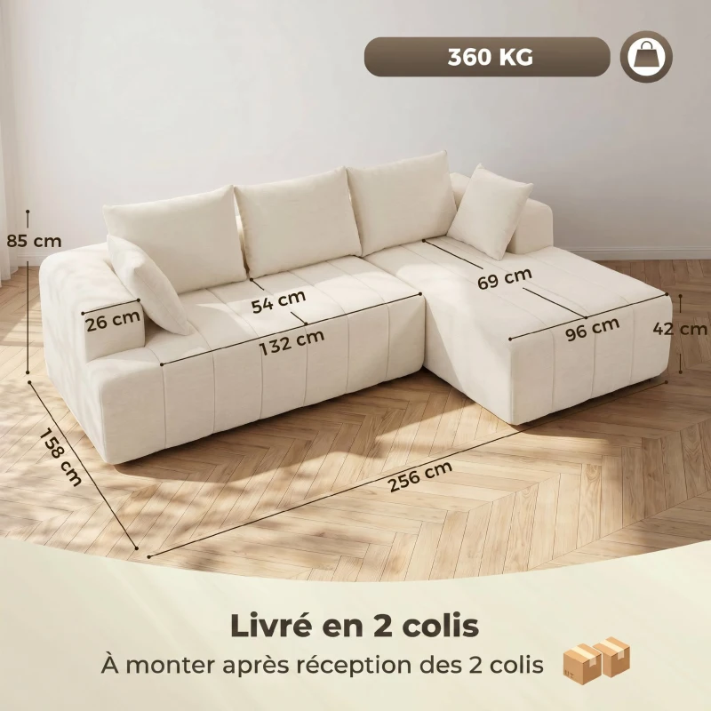 HOMCOM Ecksofa 256 cm mit Ottomane, 3‑Sitzer‑Schlafsofa aus Chenille in L‑Form, breite Sitz- und Armlehnen, beige