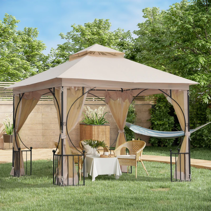 Outsunny Tonnlle de jardin barnum pavillion de jardin 3 x 3 double toit avec moustiquaires amovibles imperméable beige