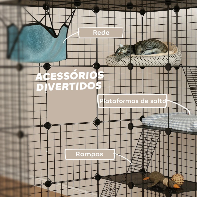 PawHut Gaiola Grande para Gatos de Interior com 4 Níveis  5 Portas 3 Plataformas de Salto 3 Rampas e Rede 105x105x140 cm Preto