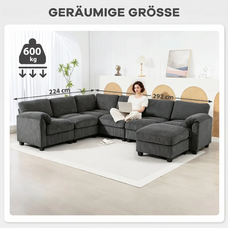 HOMCOM Ecksofa U-Form Sofa Couch mit Federpolsterung gepolsterte Armlehnen beweglicher Ottomane Cord 292x224x85 cm Dunkelgrau