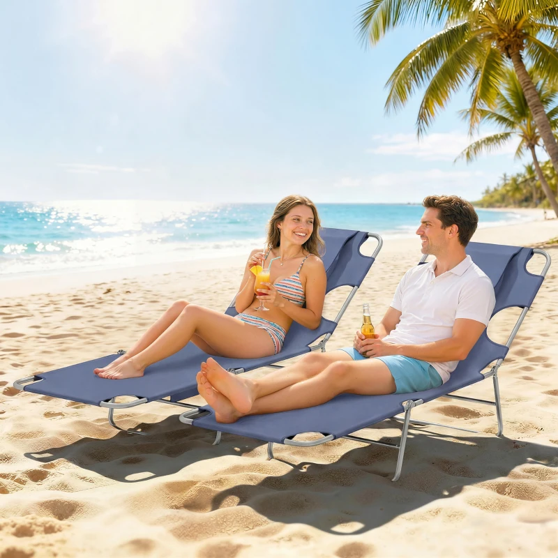 Outsunny 5-Position Adjustable Sun Loungers Set of 2 with Reading Hole and Side Pocket, Grey