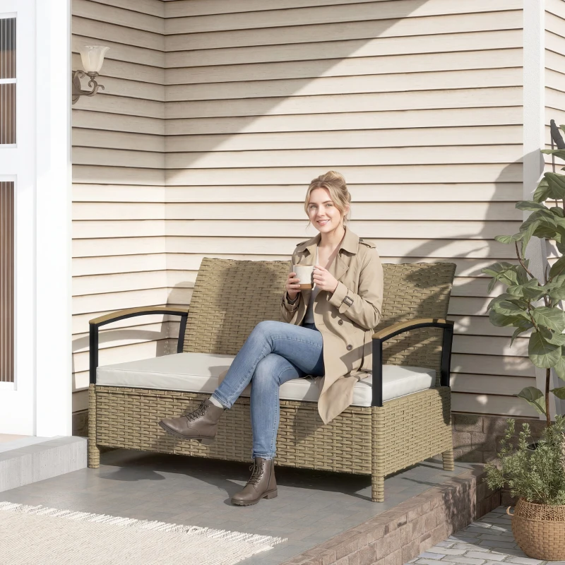 Outsunny 125L Garden Storage Bench, 2 Seater PE Rattan Outdoor Bench Storage Box with Padded Cushion, Khaki