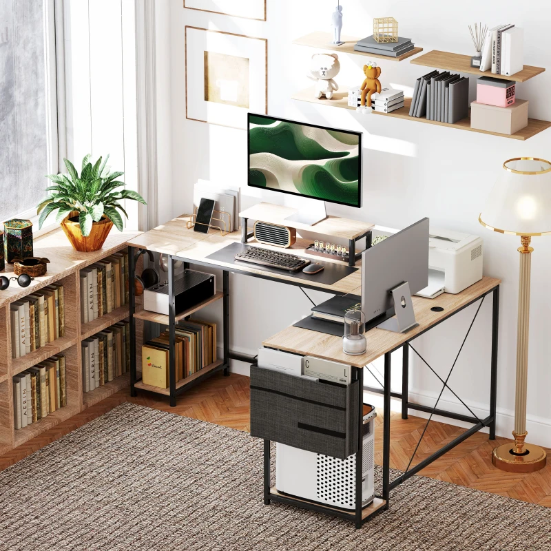 HOMCOM L-förmiger Schreibtisch, Vielseitiger Bürotisch mit einstellbaren Regalen und Aufbewahrungstasche, Monitorständer, Natur