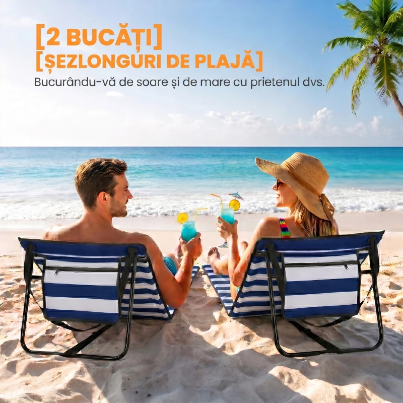 Outsunny Set 2 Șezlonguri de Plajă Pliabile și Reglabile cu Buzunar, din Oțel și Poliester, 142x51x40 cm, Multicolor