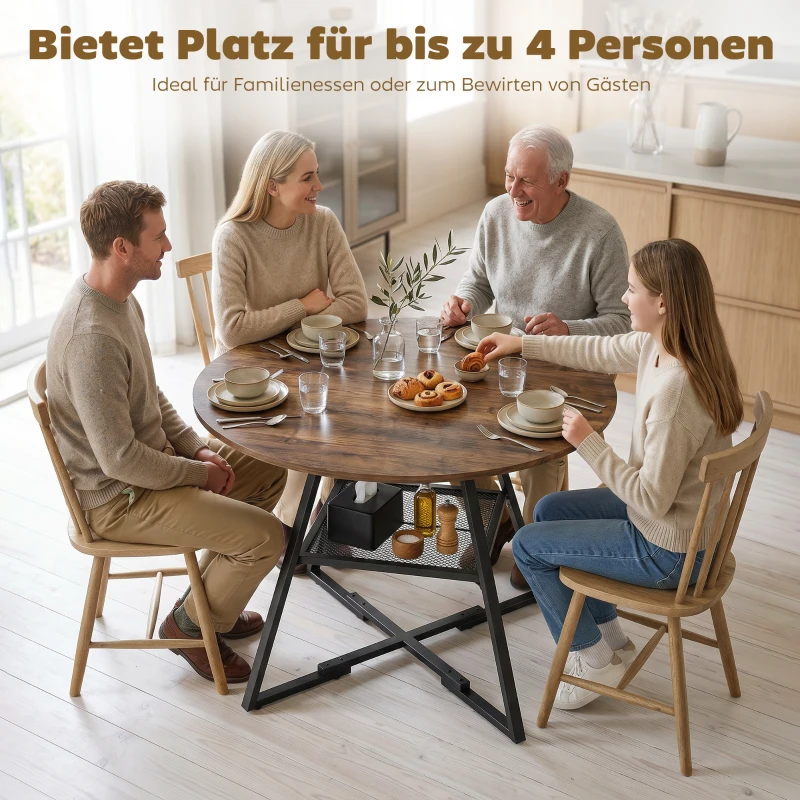 HOMCOM Esstisch für 4 Personen, 100 cm runder Industrieller Küchentisch mit Ablage, Tischplatte in Holzoptik, Rustikal Braun