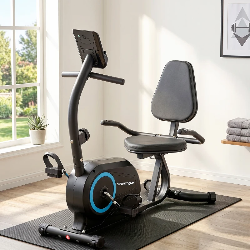 SPORTNOW Vélo d'Appartement Magnétique Vélo Couché Semi-allongé Silencieux Connecté Kinomap 8 Niveaux 136x56x106cm Bleu