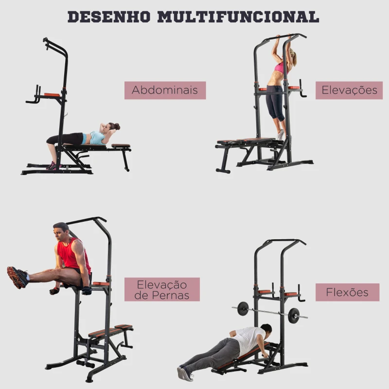 HOMCOM Estação de Musculação Dobrável com Barra de Elevações, Altura Ajustável e Banco Reclinável, Preto e Vermelho