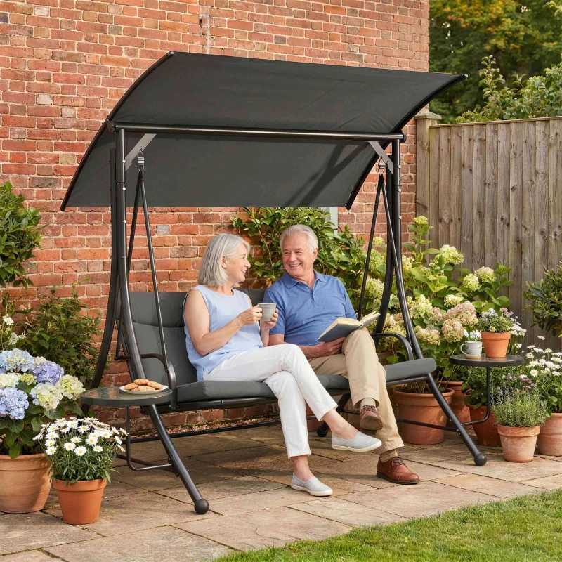 Outsunny Three-Seater Garden Swing, with Adjustable Canopy - Black/Grey