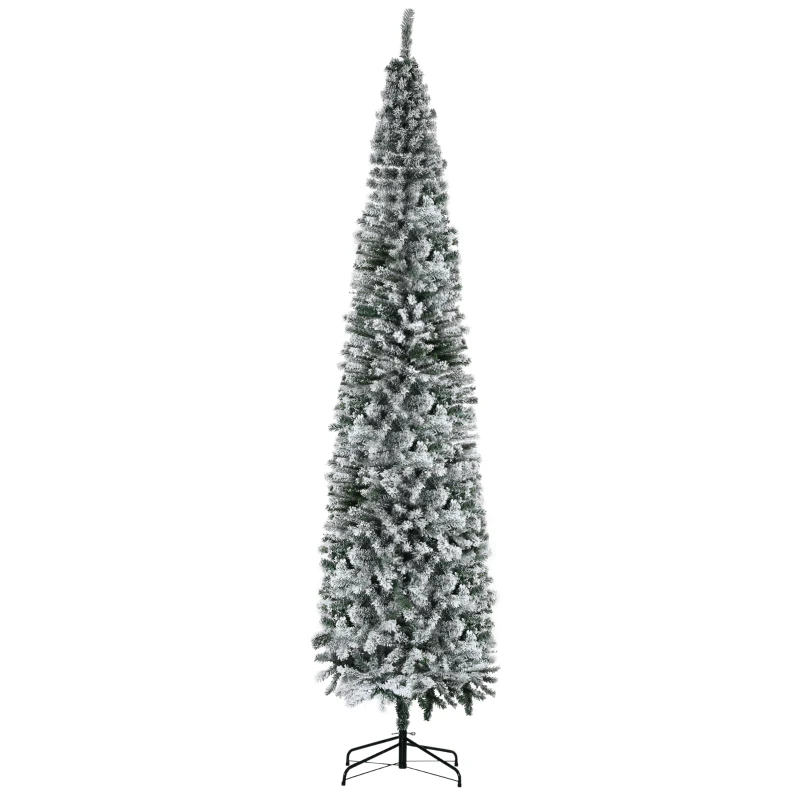 HOMCOM Schlanker Weihnachtsbaum 270 cm verschneiter Weihnachtsbaum mit 1014 Zweigen und Metallfuß für Wohnzimmer Grün und Weiß