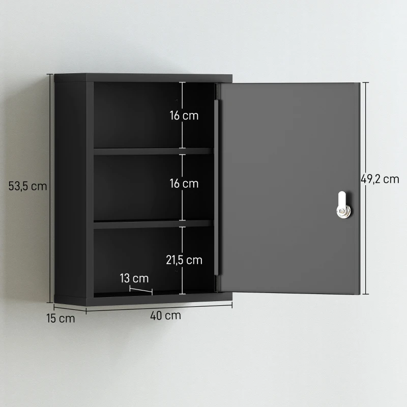 kleankin Medizinschrank zur Wandmontage mit Schloss, 3-stufiger Stahl-Wandschrank, 40 x 15 x 53,5 cm, Schwarz