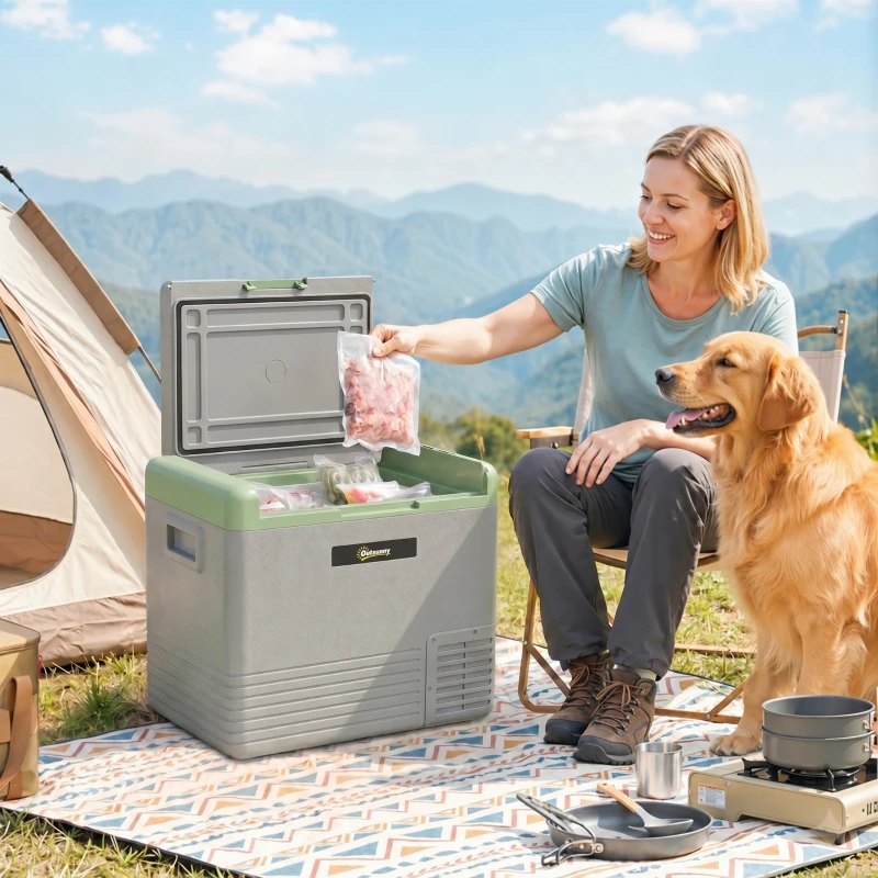 Outsunny 50L Portable Car Refrigerator - Light Green and Grey
