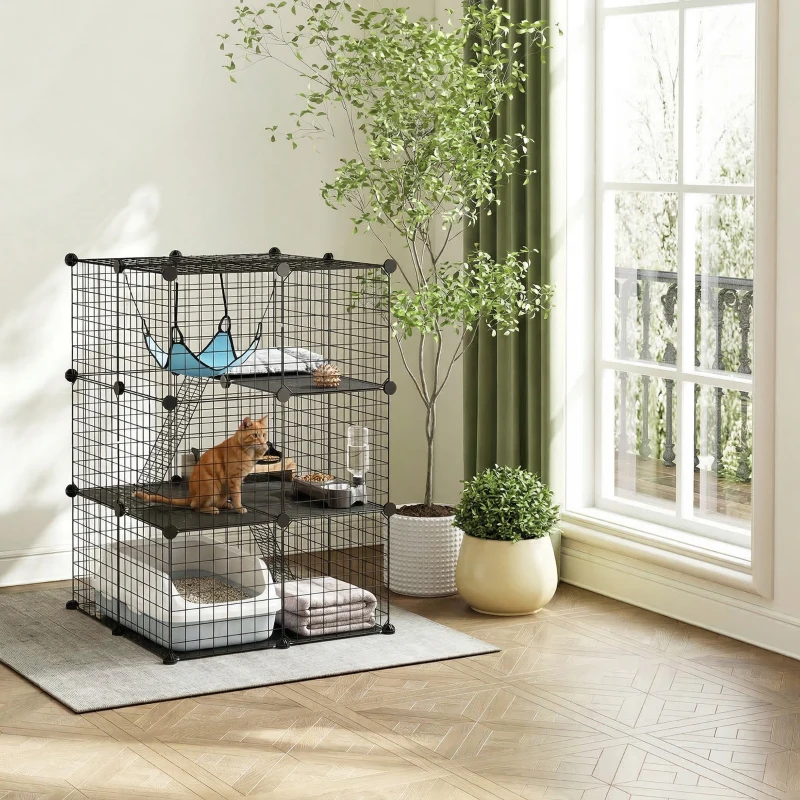 PawHut Cușcă pentru Pisici Gard Personalizabil pe 3 Niveluri, 105 cm, Negru