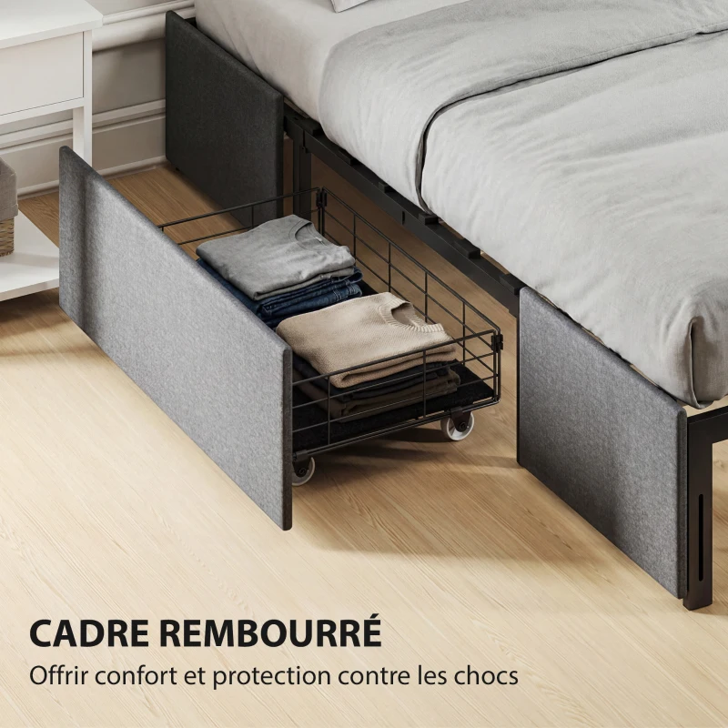 HOMCOM Lit coffre 140 x 190 cm, cadre de lit double rembourré avec 3 tiroirs, sommier à lattes en LVL, sans bruit, gris
