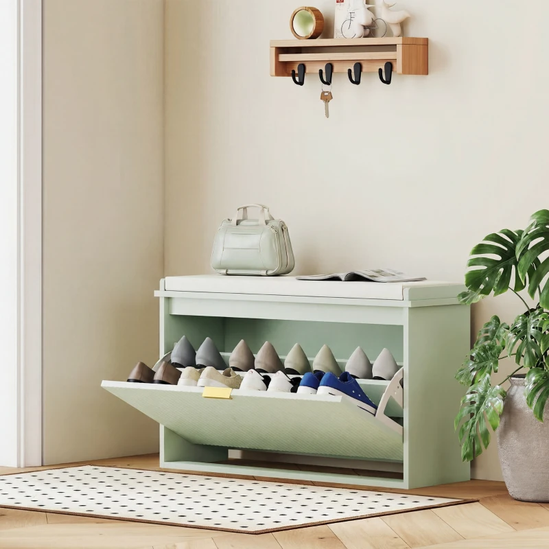HOMCOM Banc à chaussures avec coussin d'assise rembourré et tiroir rabattable pour couloir, chambre, 80 x 26 x 47,5 cm, vert
