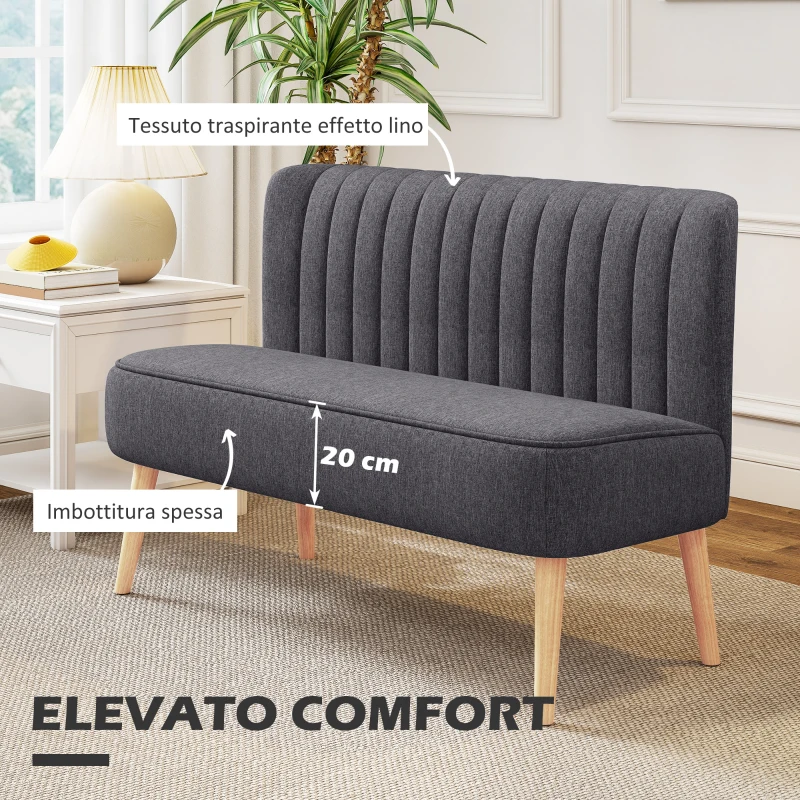 HOMCOM Divano 2 Posti in Tessuto Effetto Lino Senza Braccioli con Gambe in Legno, 117x56.5x77 cm, Grigio Scuro