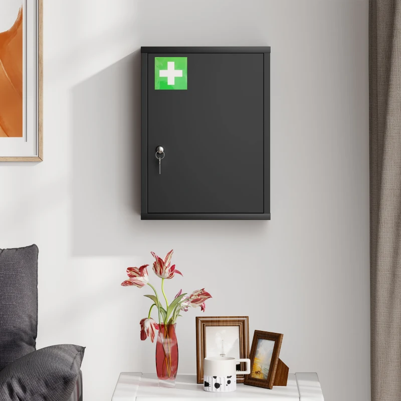 kleankin Medizinschrank zur Wandmontage mit Schloss, 3-stufiger Stahl-Wandschrank, 40 x 15 x 53,5 cm, Schwarz