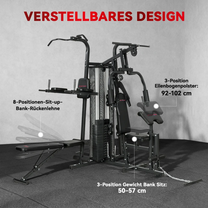 SPORTNOW Multifunktions-Trainingsstation, Heimfitness-Maschine für über 10 Übungen, Gewichte, anpassbare Fitnessbank, Schwarz