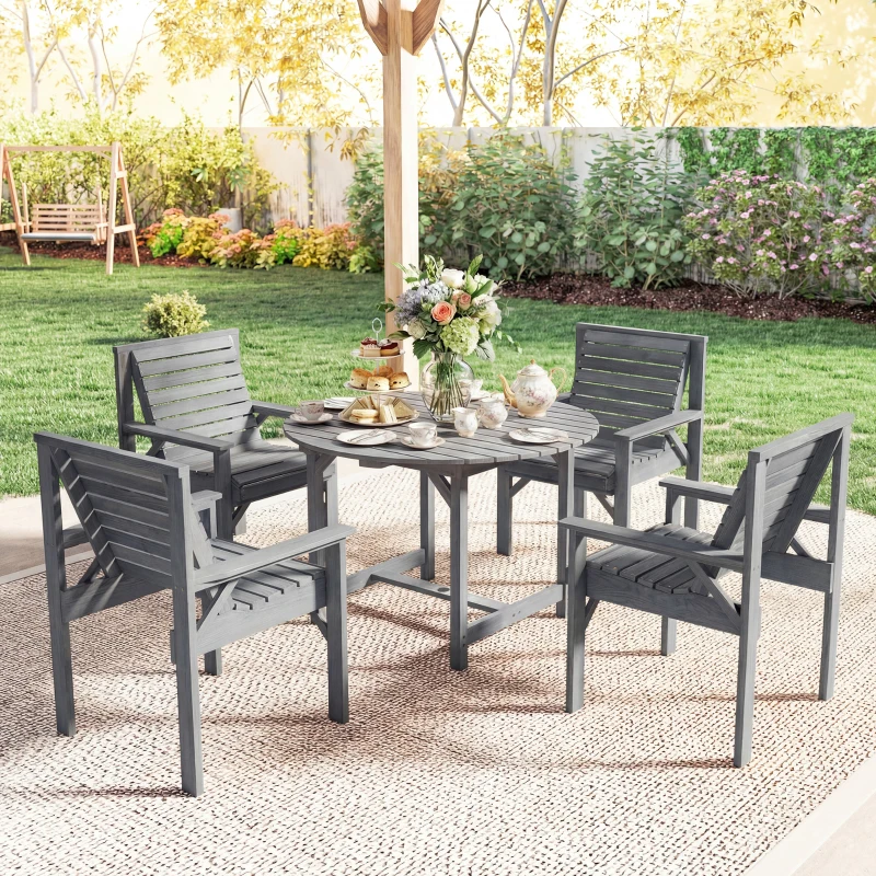 Outsunny 5 Pieces Garden Dining Set with Parasol Hole, Round Outdoor Table and Chairs, 4 Seater Wooden Garden Furniture, Grey