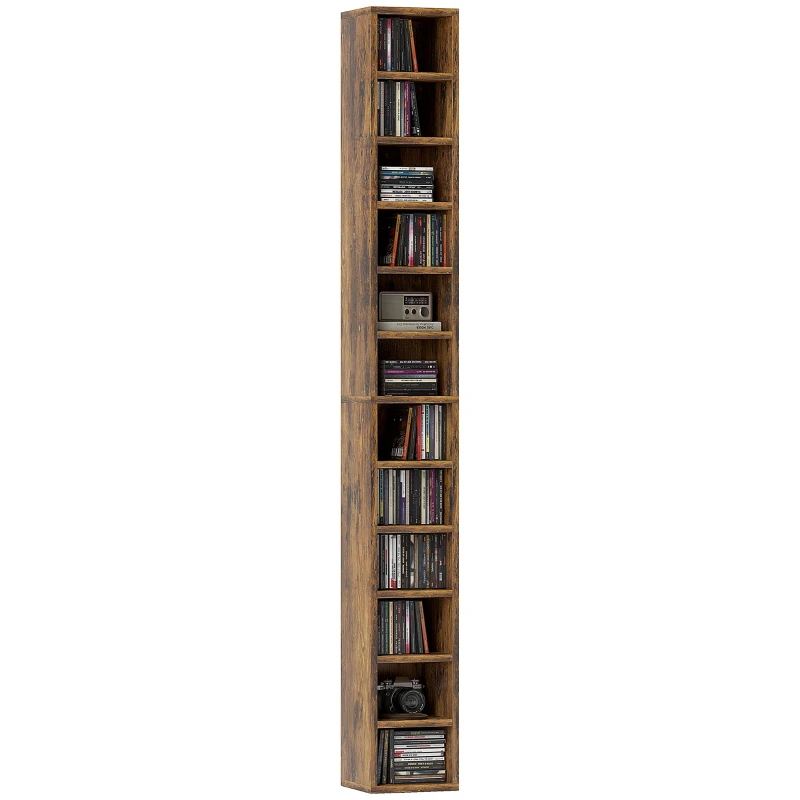 HOMCOM Rangements pour CD et DVD avec 12 compartiments, capacité max. 204 CD, 21 x 20 x 175 cm, brun rustique