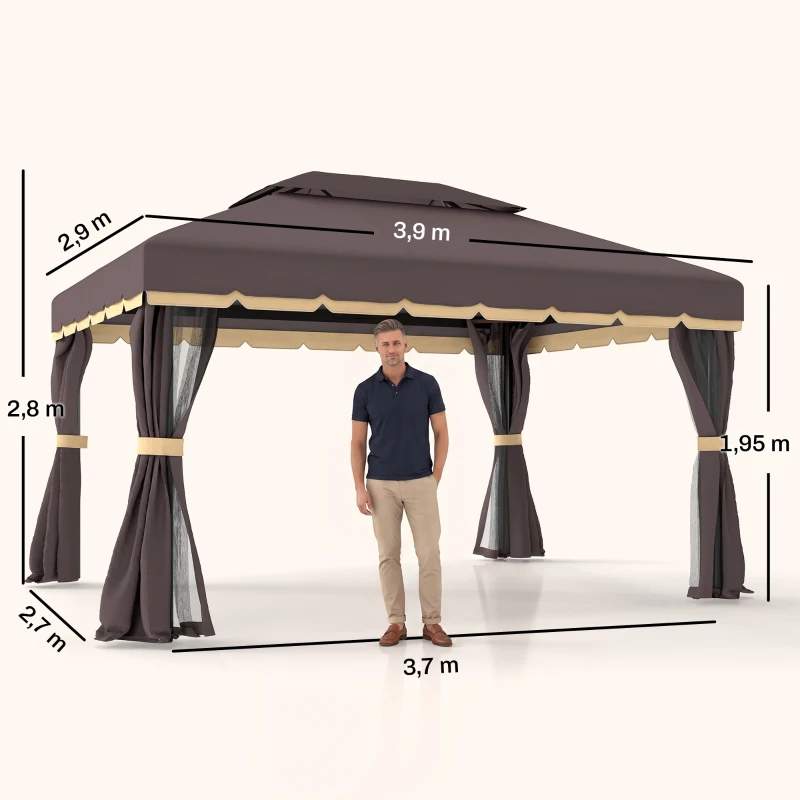 Outsunny Tonnelle de jardin extérieur 4 x 3 m barnum double toit tente de réception avec parois et moustiquaires marron(m-4)