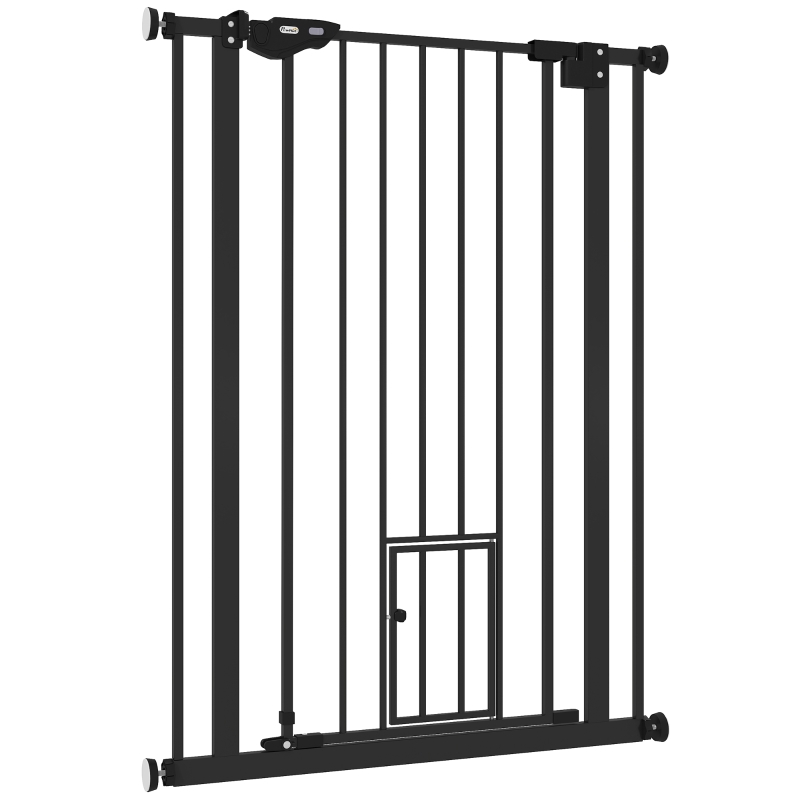 PawHut Barrera de Seguridad Ajustable con Puerta Pequeña Cierre Automático y Sistema de Doble Bloqueo 74-80x104,1 cm Negro