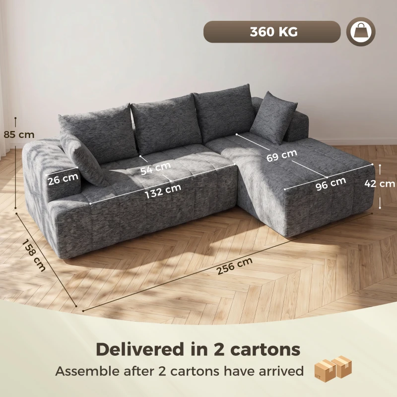 HOMCOM Canapea colțar 3 locuri în formă de L cu otomană, canapea extensibilă tip Chenille-Cloud cu tapițerie cu arc, Gri