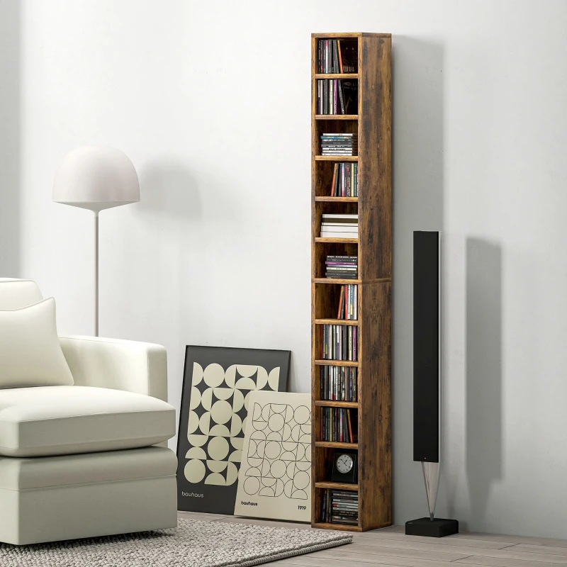 HOMCOM Rangements pour CD et DVD avec 12 compartiments, capacité max. 204 CD, 21 x 20 x 175 cm, brun rustique