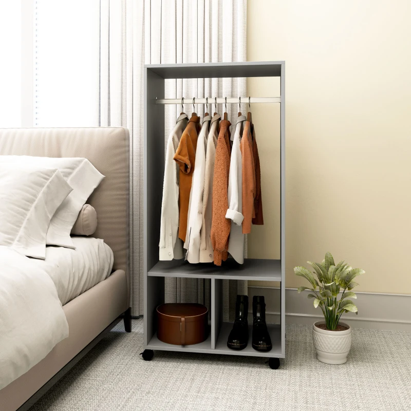 HOMCOM Armario Ropero Estante 2 Nichos Barra para Colgar 4 Ruedas Giratorias 60x40x128 cm Gris