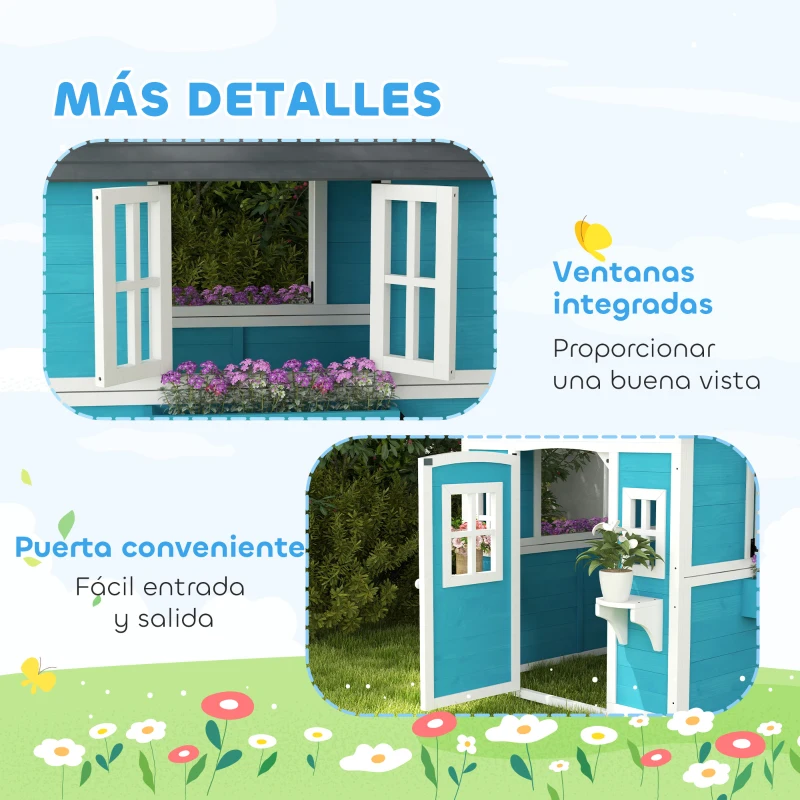 Outsunny Casita de Madera Infantil con Puerta Ventanas Jardineras y Repisas con Detalles de Color 114x126,4x135 cm Azul