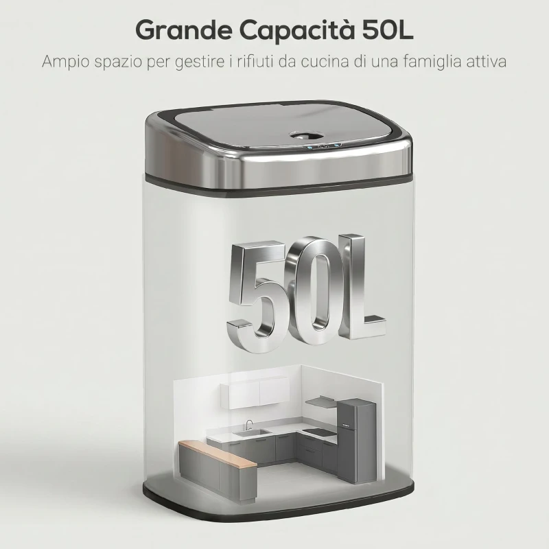 HOMCOM Pattumiera con Sensore a Infrarossi da 50L in Acciaio Inox con 2 Modalità di Apertura, Argento
