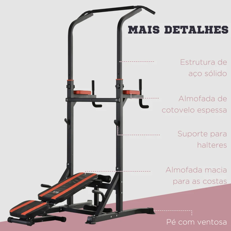 HOMCOM Estação de Musculação Dobrável com Barra de Elevações, Altura Ajustável e Banco Reclinável, Preto e Vermelho