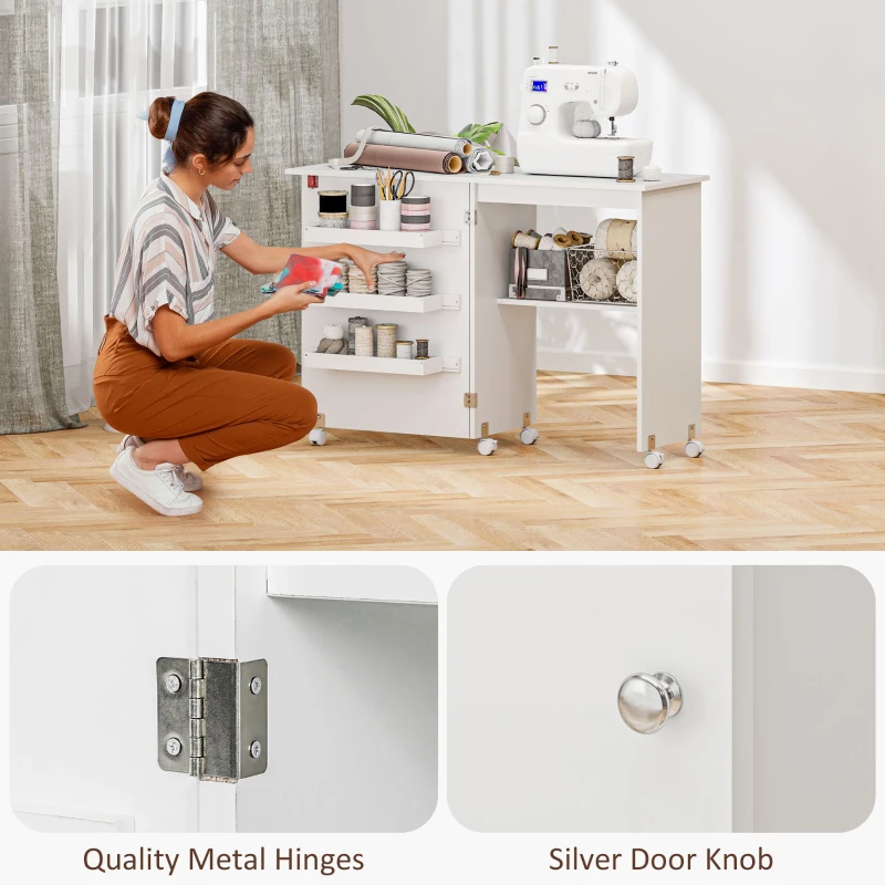 HOMCOM Table de couture pliante meuble couture à abattant avec bacs de rangement, étagère ouverte et roulettes, blanc