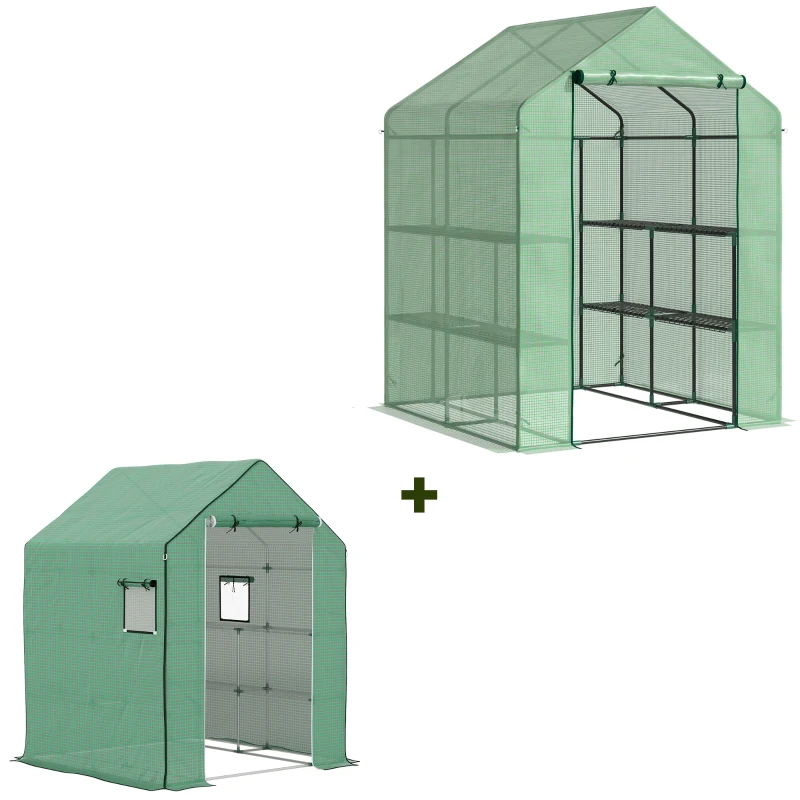 Outsunny Conjunto de Invernadero de Jardín con Estantes y Cubierta de PE con Puerta Enrollable y Ventana 143x138x190 cm Verde