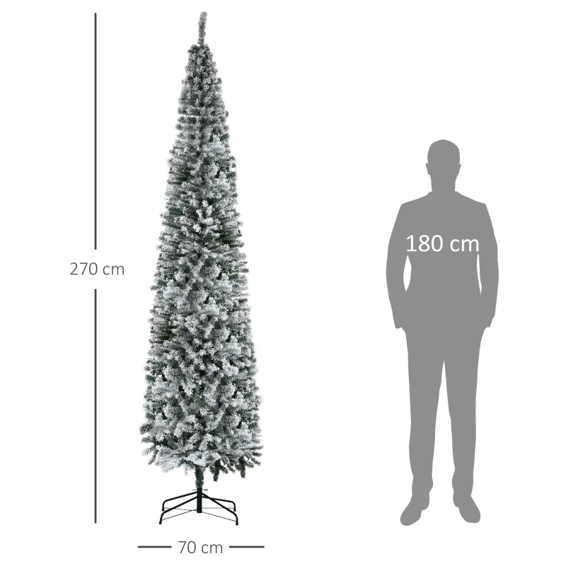 HOMCOM Schlanker Weihnachtsbaum 270 cm verschneiter Weihnachtsbaum mit 1014 Zweigen und Metallfuß für Wohnzimmer Grün und Weiß